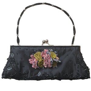 Vintage Black Satin beaded Clutch Purse with satin roses